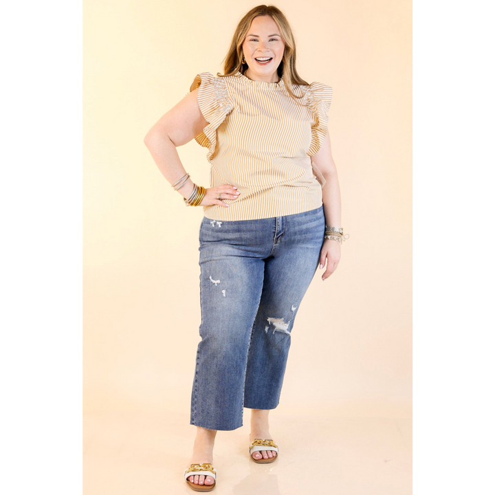 On A Break Ruffle Cap Sleeve Pin Stripe Top in Mustard Yellow and Ivory