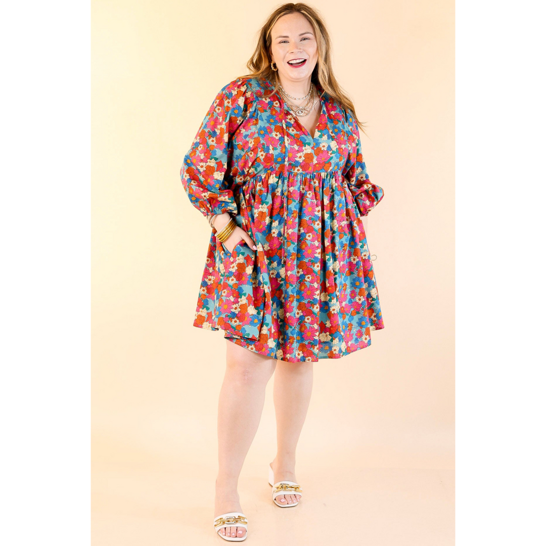 Wrapped In Love Floral Half Sleeve Dress with Keyhole Front in Turquoise
