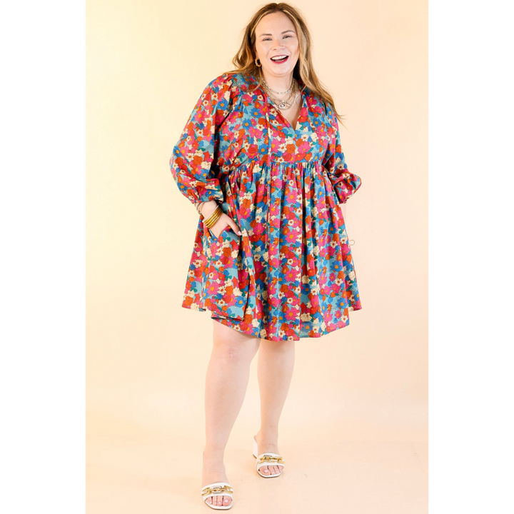 Wrapped In Love Floral Half Sleeve Dress with Keyhole Front in Turquoise