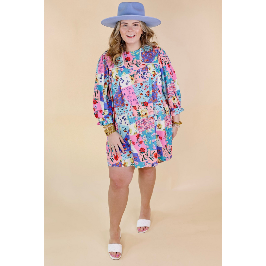 Floral Paradise Floral Patch Pattern Dress in Blue and Pink