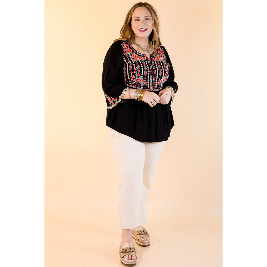 Already Mine 3/4 Bell Sleeve Embroidered Babydoll Top in Black