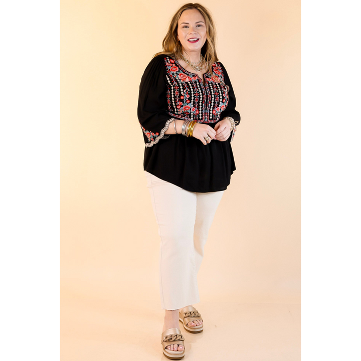 Already Mine 3/4 Bell Sleeve Embroidered Babydoll Top in Black