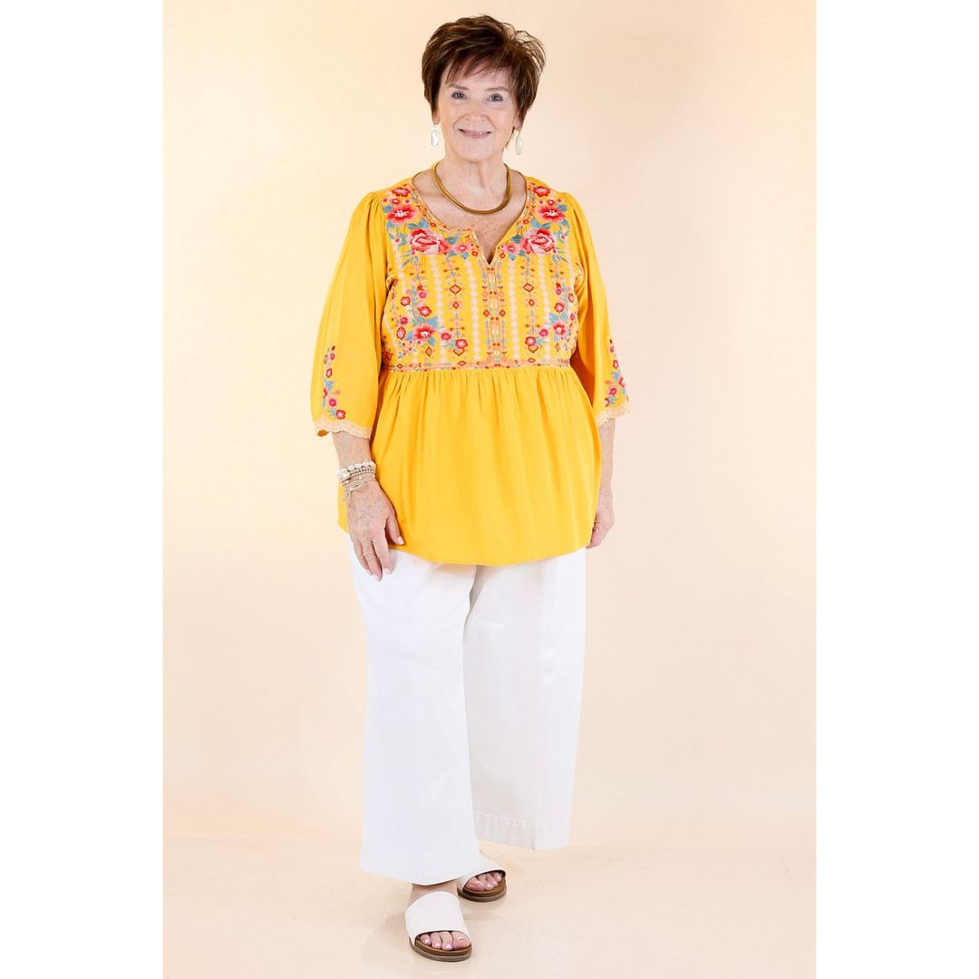 Already Mine 3/4 Bell Sleeve Embroidered Babydoll Top in Mustard Yellow