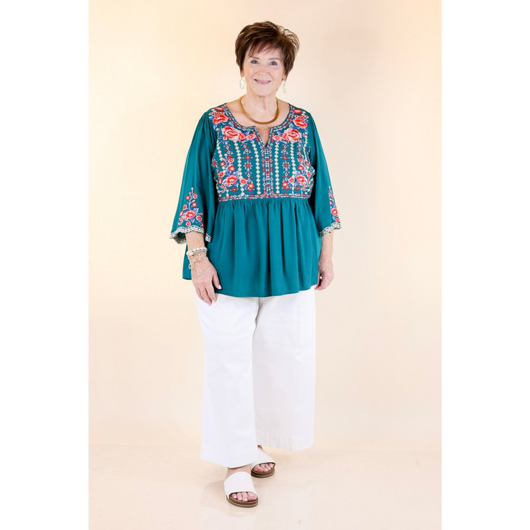 Already Mine 3/4 Bell Sleeve Embroidered Babydoll Top in Teal