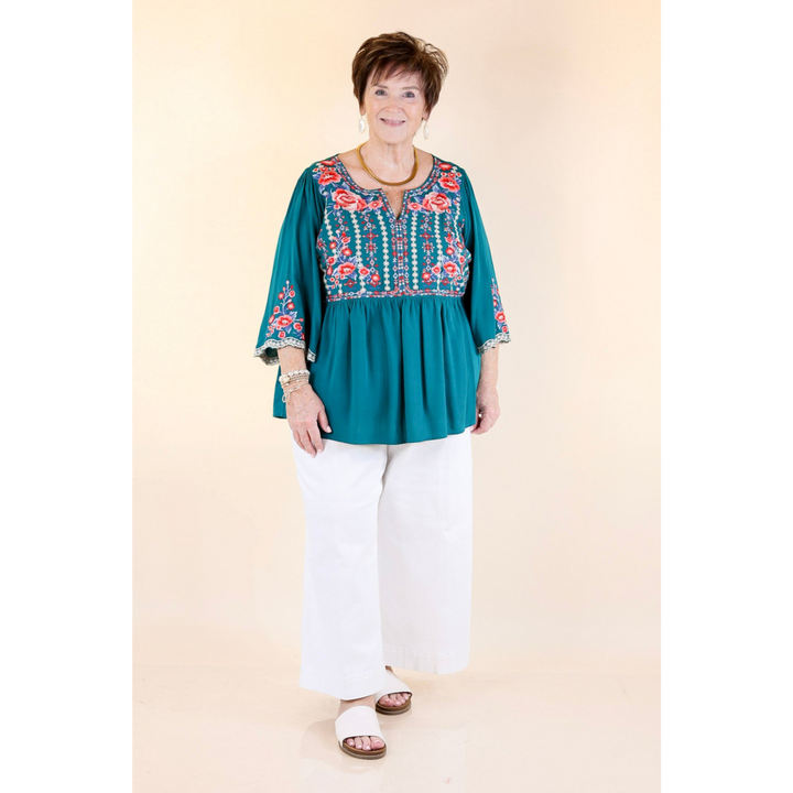 Already Mine 3/4 Bell Sleeve Embroidered Babydoll Top in Teal