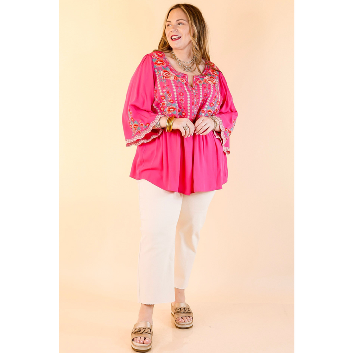 Already Mine 3/4 Bell Sleeve Embroidered Babydoll Top in Pink