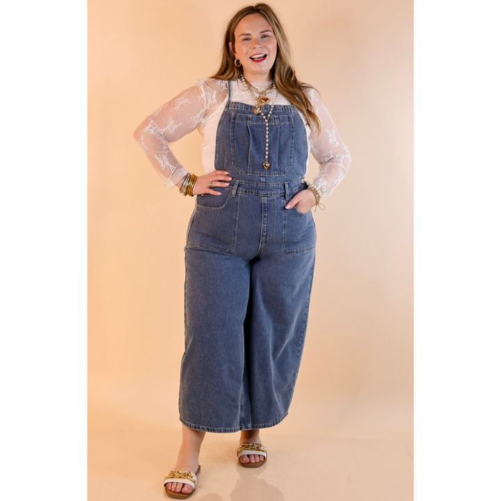 True Classic Wide Leg Denim Overalls in Medium Wash