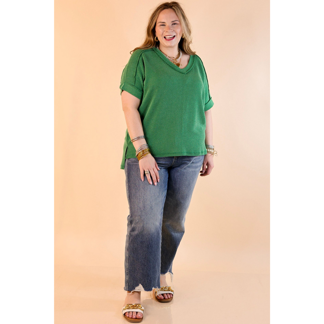 Daily Perfection Short Sleeve V Neck Top in Dark Green