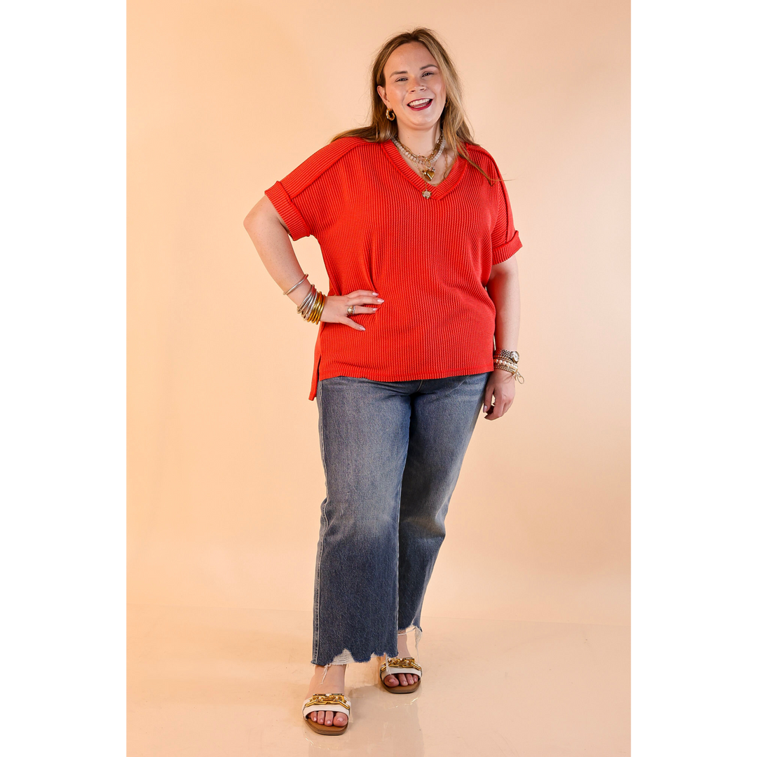 Daily Perfection Short Sleeve V Neck Top in Tomato Red