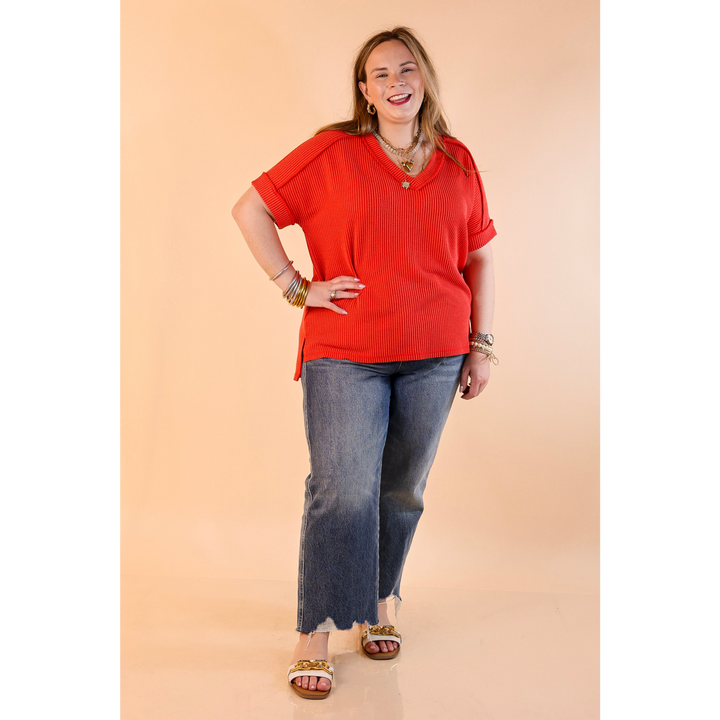 Daily Perfection Short Sleeve V Neck Top in Tomato Red