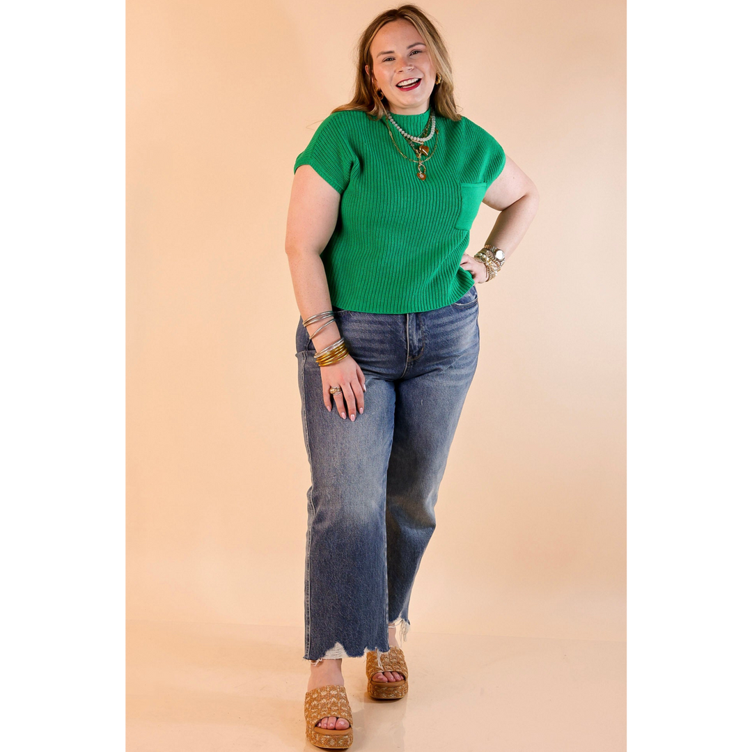 Repeat Worthy Cap Sleeve Cropped Sweater with Front Pocket in Kelly Green
