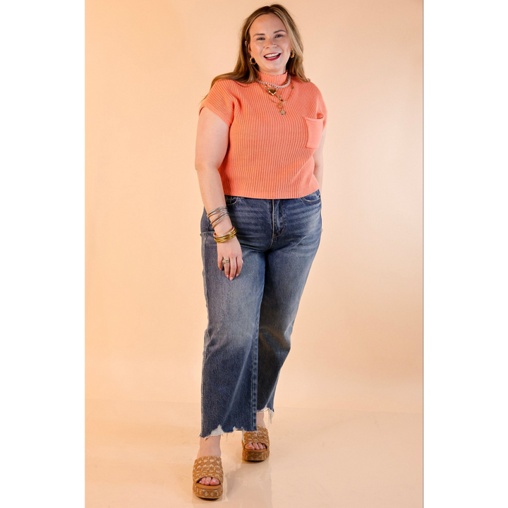 Repeat Worthy Cap Sleeve Cropped Sweater with Front Pocket in Coral Orange