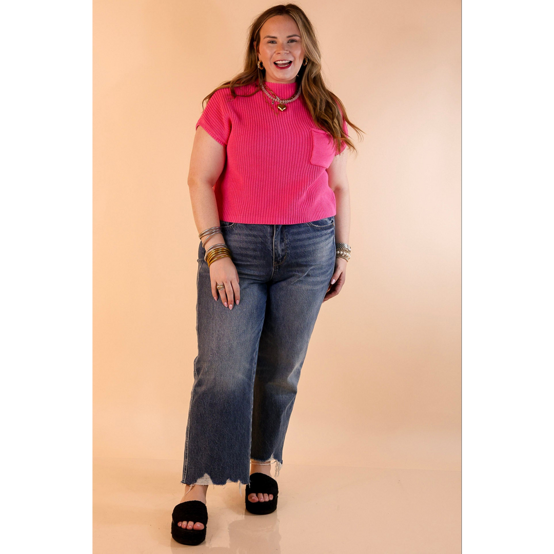 Repeat Worthy Cap Sleeve Cropped Sweater with Front Pocket in Fuchsia Pink