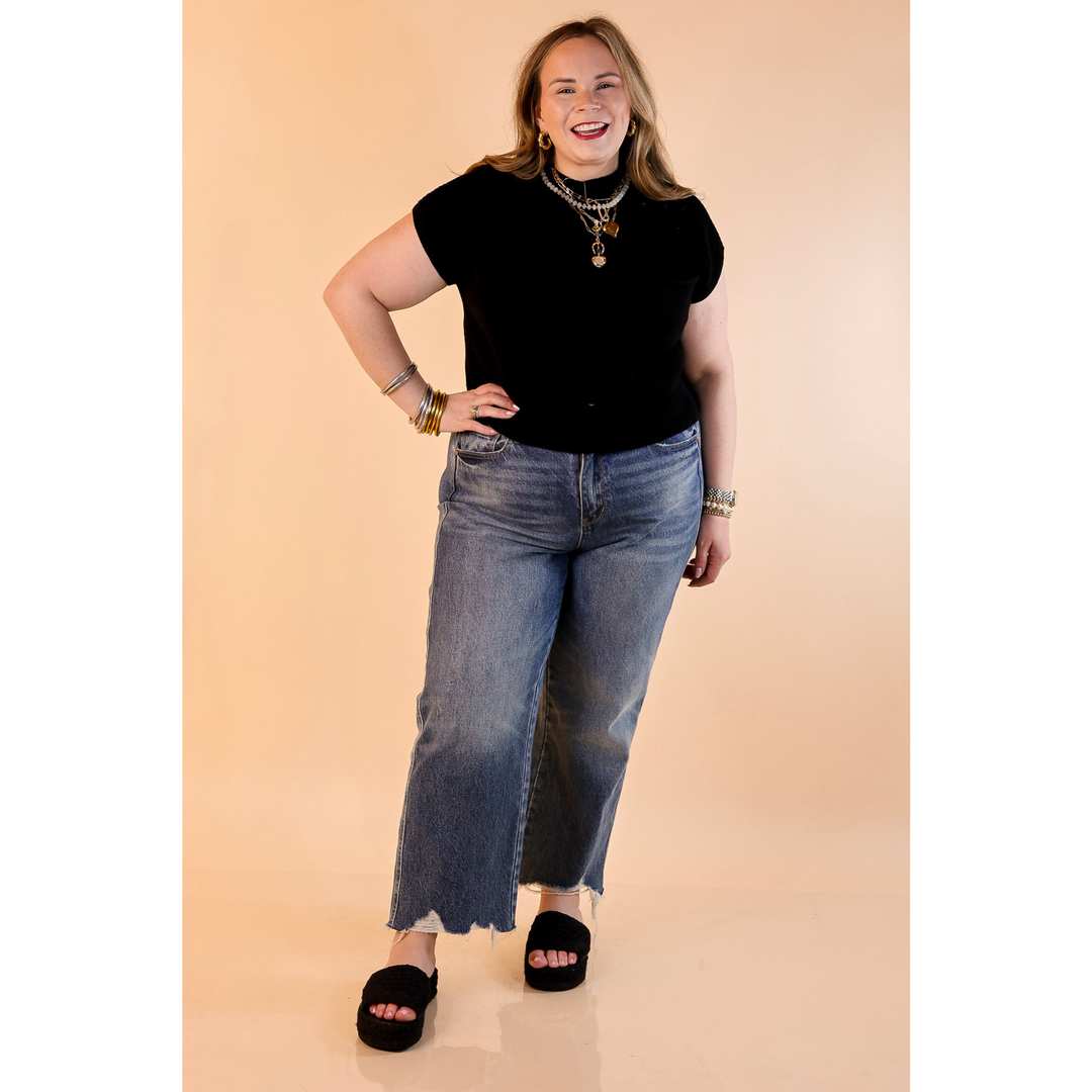 Repeat Worthy Cap Sleeve Cropped Sweater with Front Pocket in Black