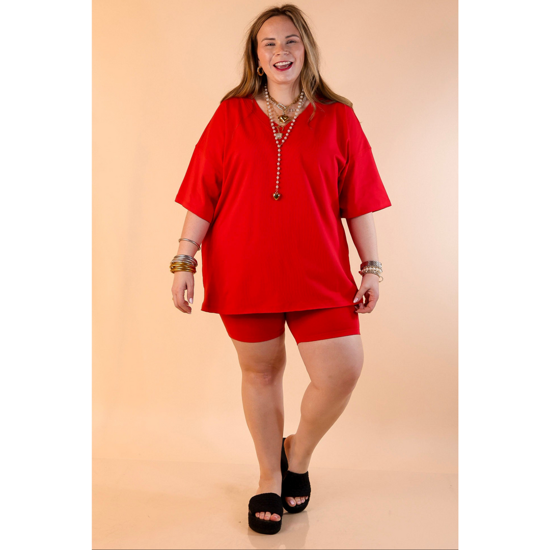 Weekend Ease Oversized V Neck Top in Red