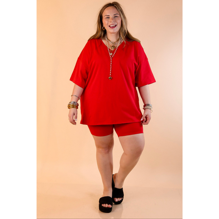 Weekend Ease Oversized V Neck Top in Red