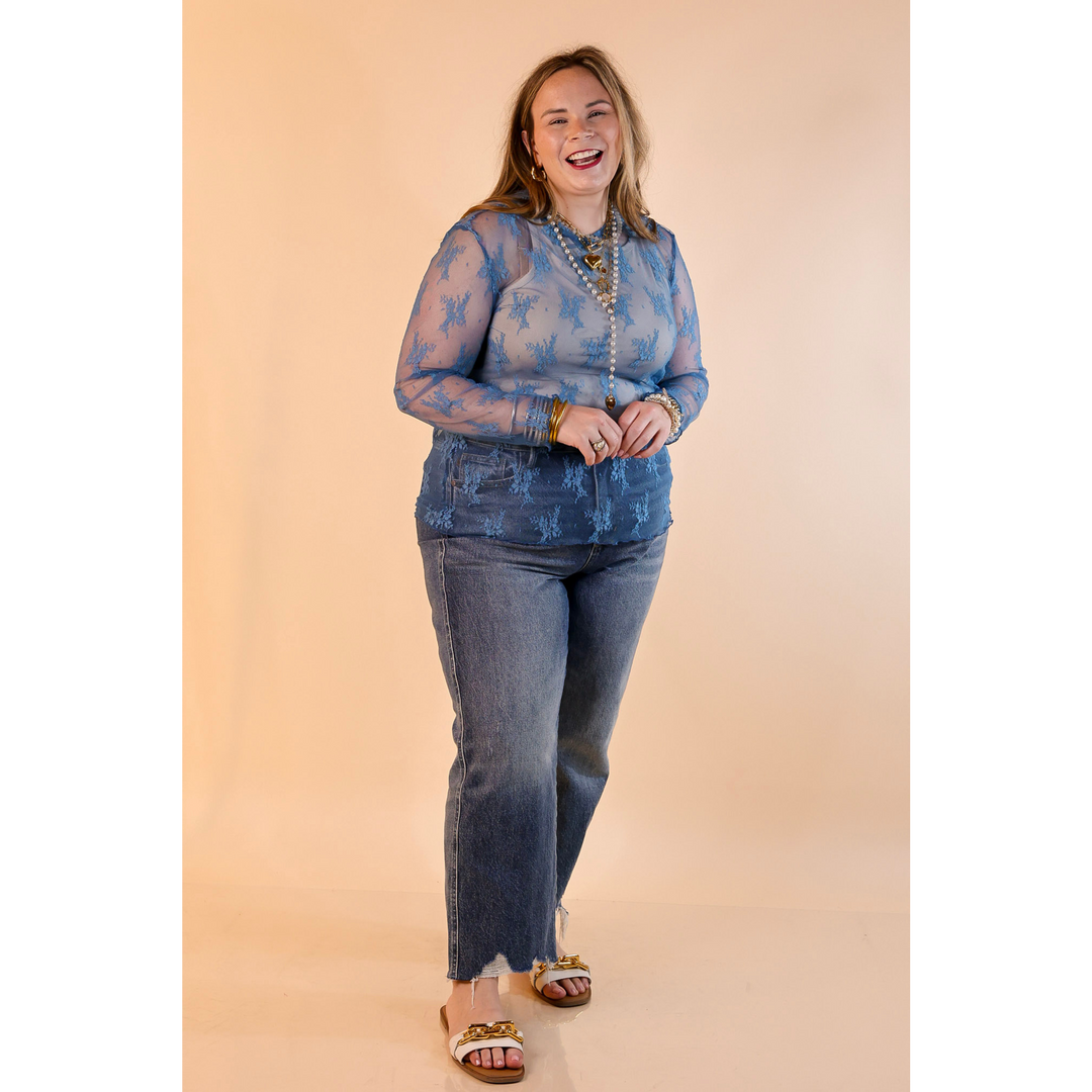 Delicate Charm Long Sleeve Sheer Lace Top with Mock Neck in Blue