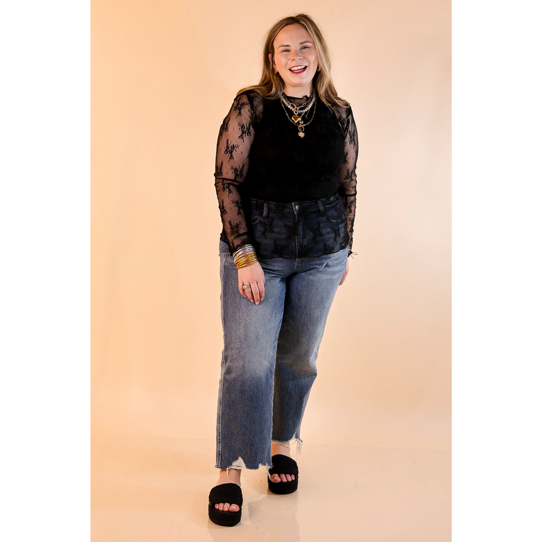 Delicate Charm Long Sleeve Sheer Lace Top with Mock Neck in Black