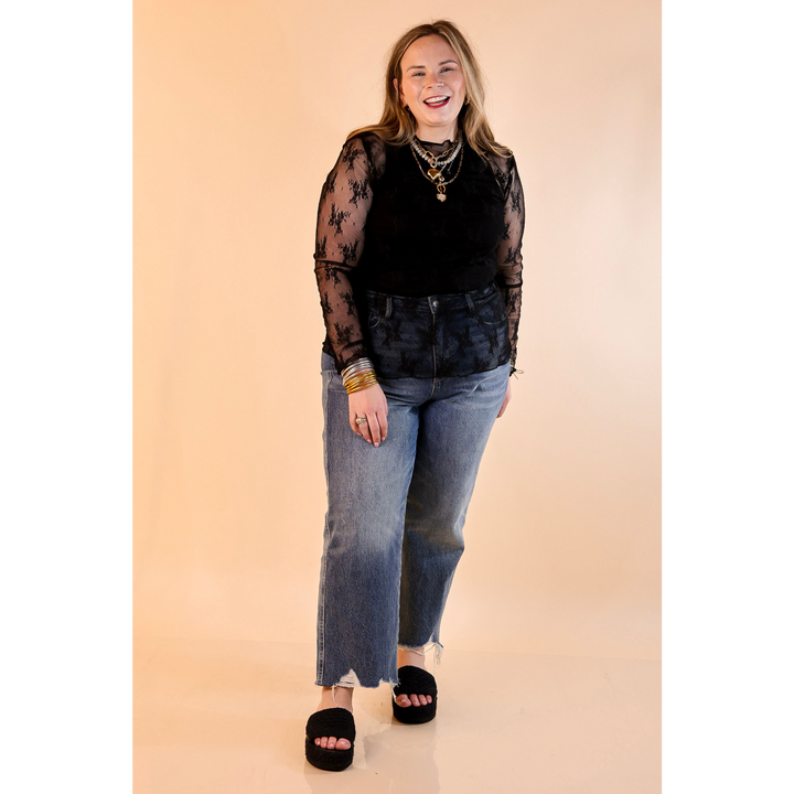 Delicate Charm Long Sleeve Sheer Lace Top with Mock Neck in Black