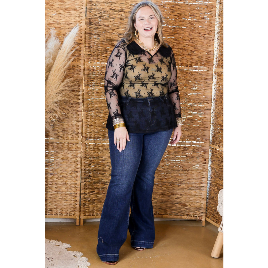Pretty and Poised Floral Print Lace Top with Ruffle Collar in Black