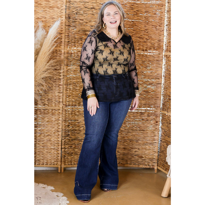 Pretty and Poised Floral Print Lace Top with Ruffle Collar in Black