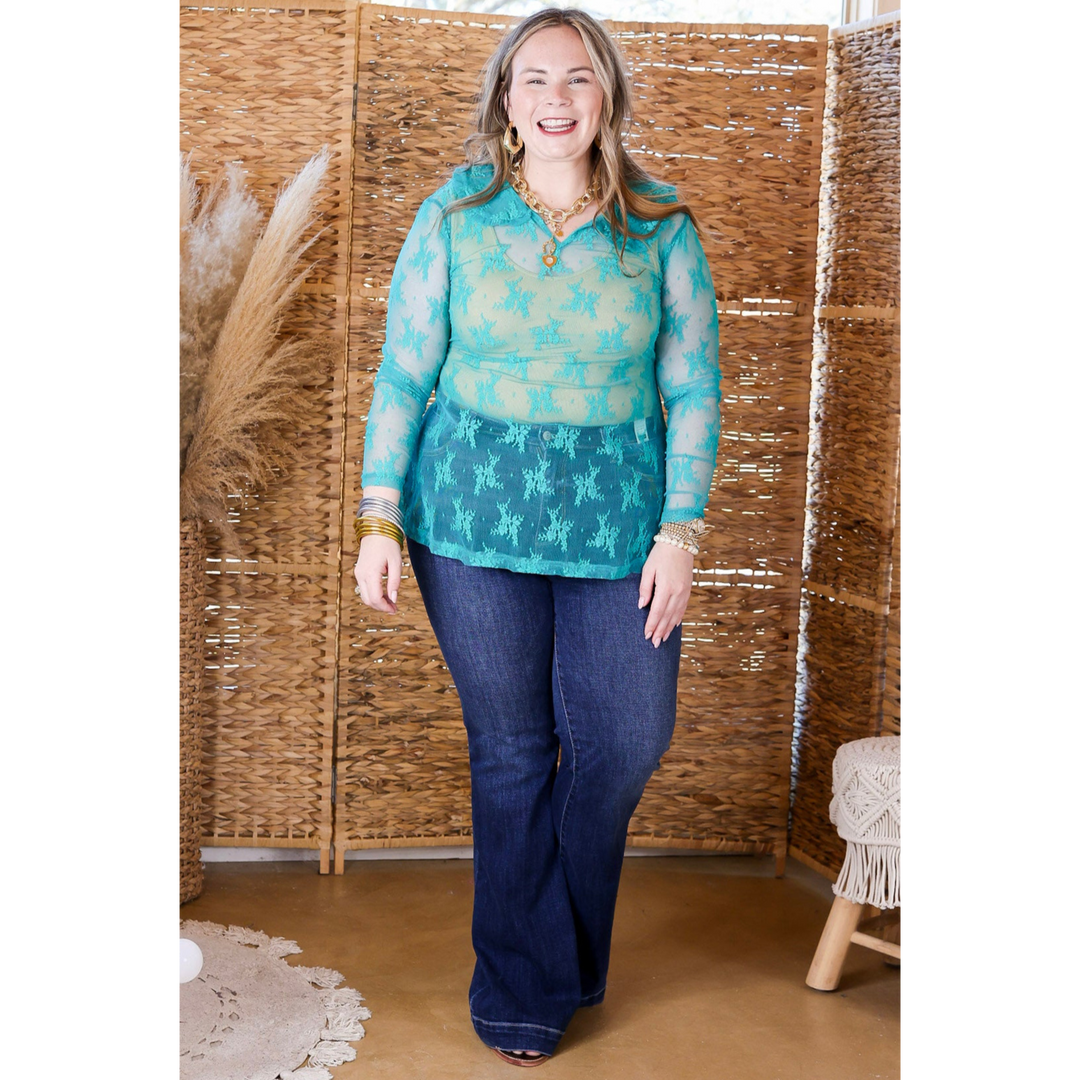 Pretty and Poised Floral Print Lace Top with Ruffle Collar in Turquoise Blue