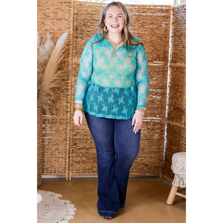 Pretty and Poised Floral Print Lace Top with Ruffle Collar in Turquoise Blue