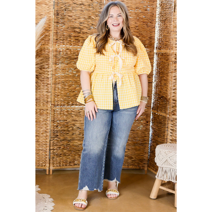 Springtime Sweetheart Gingham Print Short Puff Sleeve Top with Front Ties in Yellow