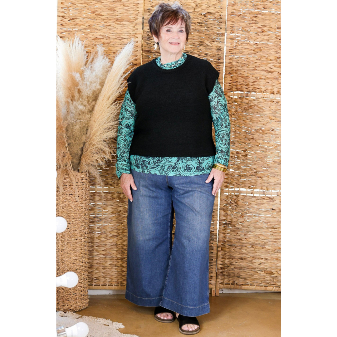 Sheer Confidence Tooled Leather Print Mesh Long Sleeve Top in Turquoise Blue