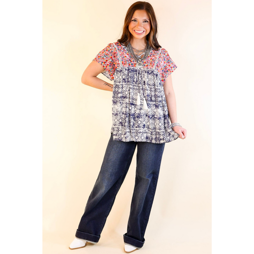 Fredericksburg In the Spring Embroidered Top with Front Keyhole in Ivory and Navy