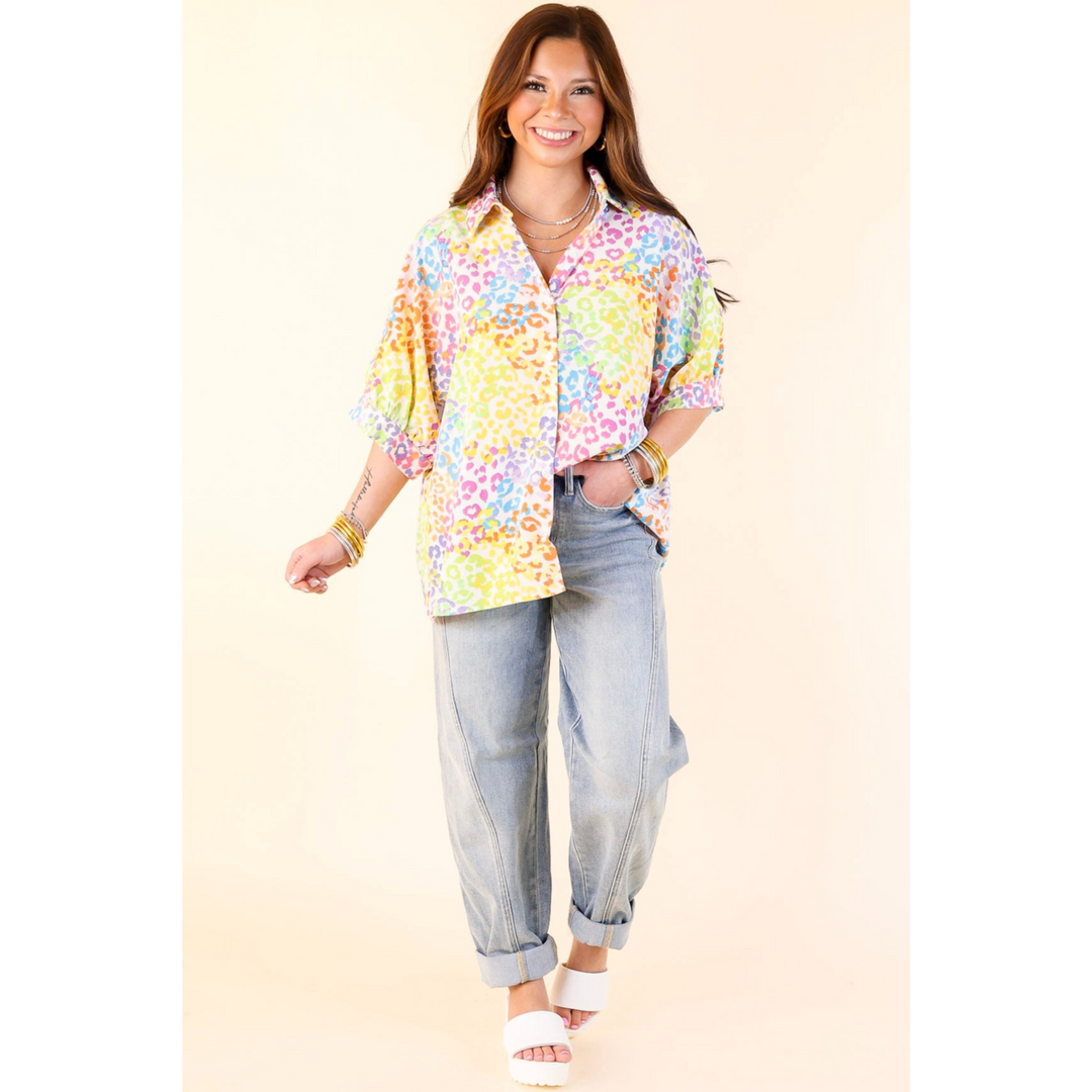 Vibrant Vision Multi-Color Collared Cheetah Print Top