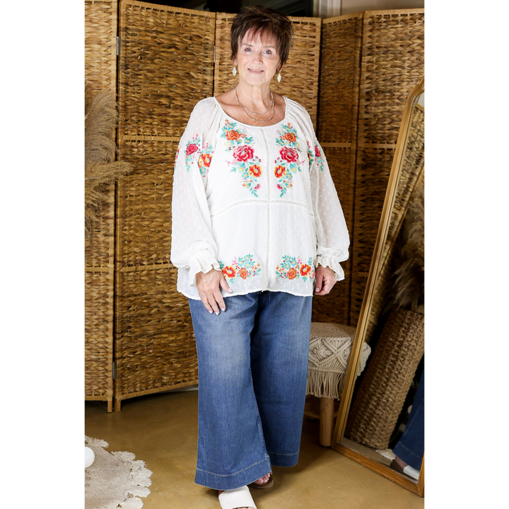 Patio Days Swiss Dot Long Sleeve Blouse with Floral Embroidery in White