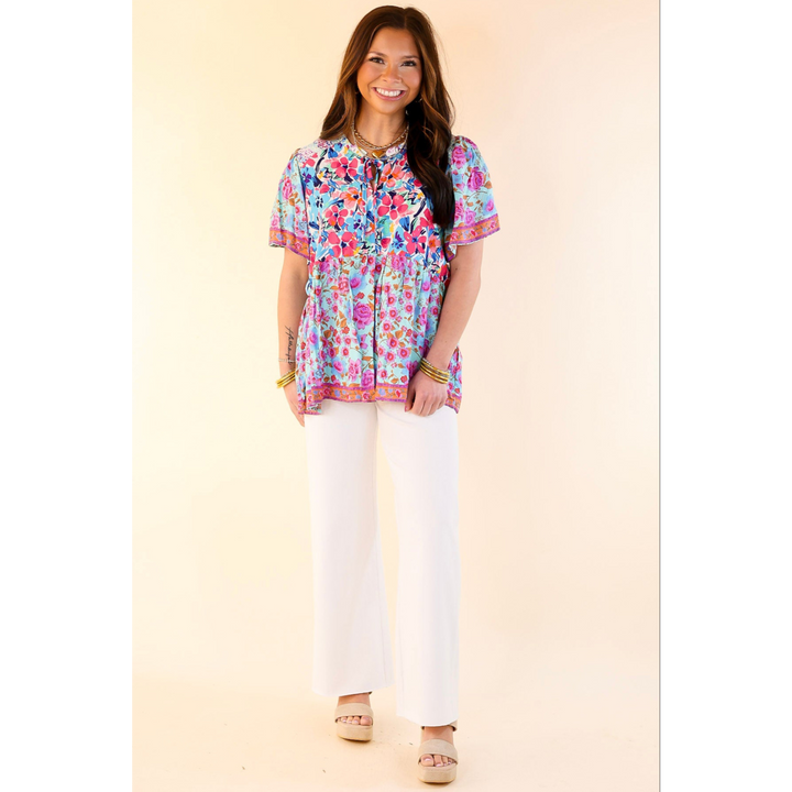 Tulip Fields Floral Print Babydoll Top in Mint Mix