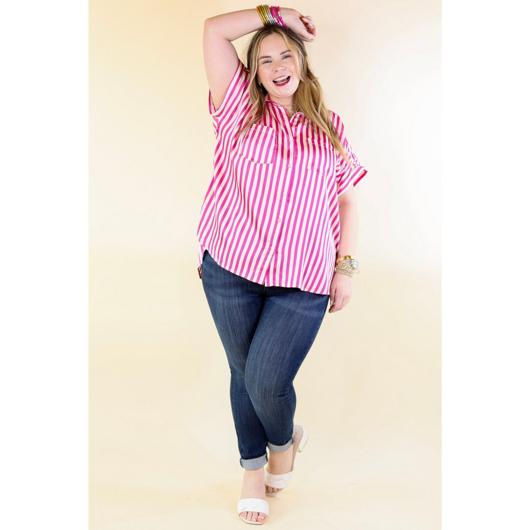 Free To Be Fab Button Up Short Sleeve Striped Top in Pink