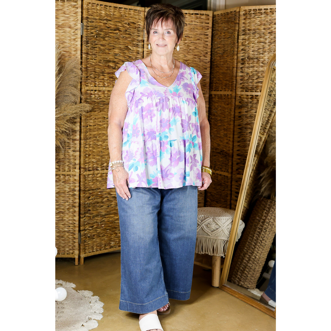 Inspiring Sights Floral V Neck Top with Ruffle Cap Sleeves in Lavender Purple