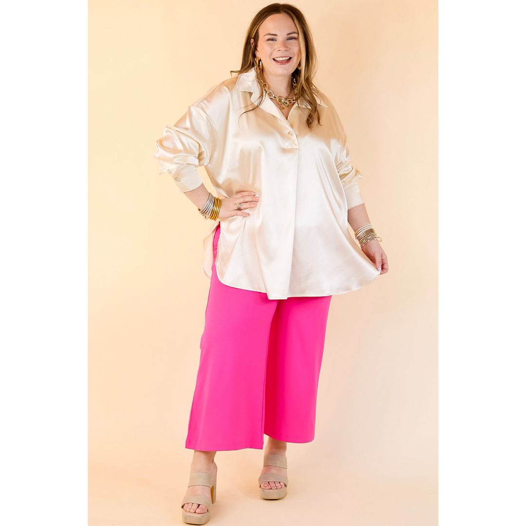 Start The Show Satin Long Sleeve Collared Top in Ivory