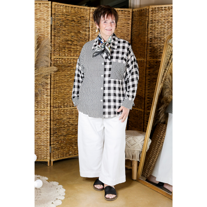 Waiting For You Mix Plaid Button Up Top in Black