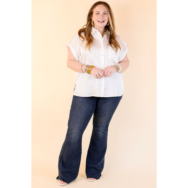 Free To Be Fab Button Up Short Sleeve Top in White