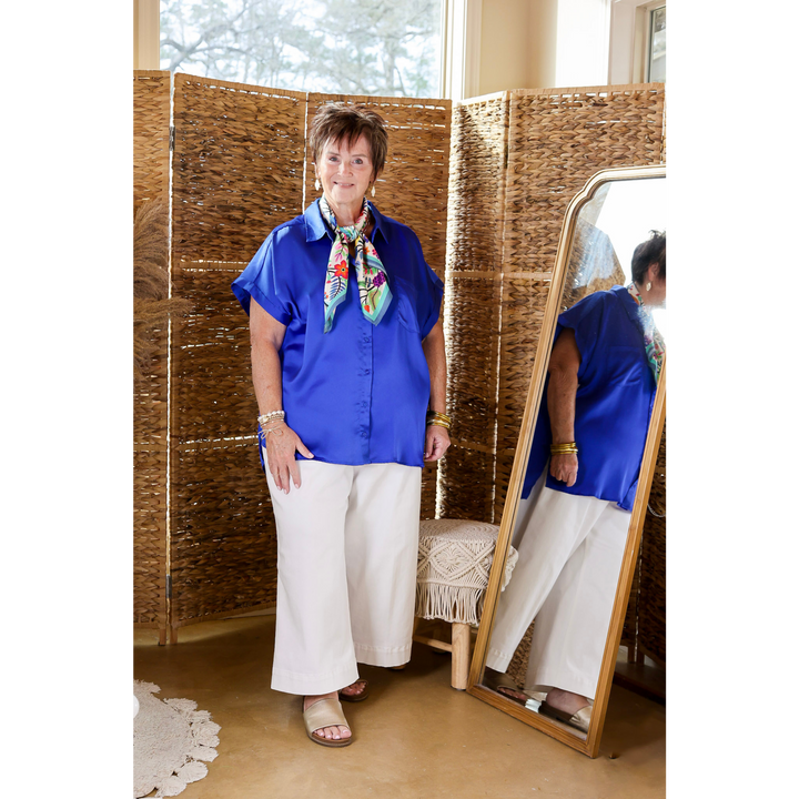 Free To Be Fab Button Up Short Sleeve Top in Royal Blue