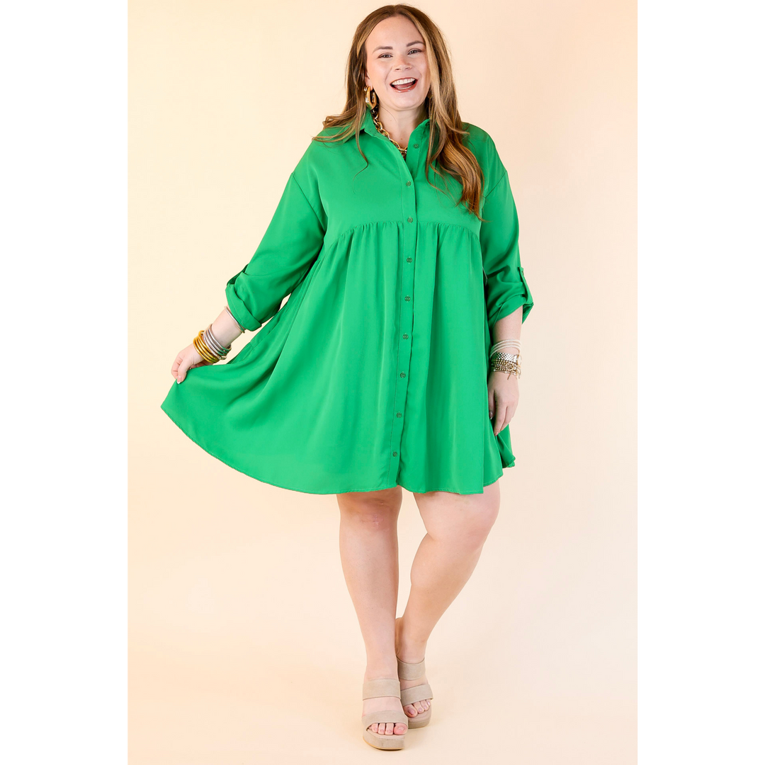 Risky Business Button Up Babydoll Dress in Green