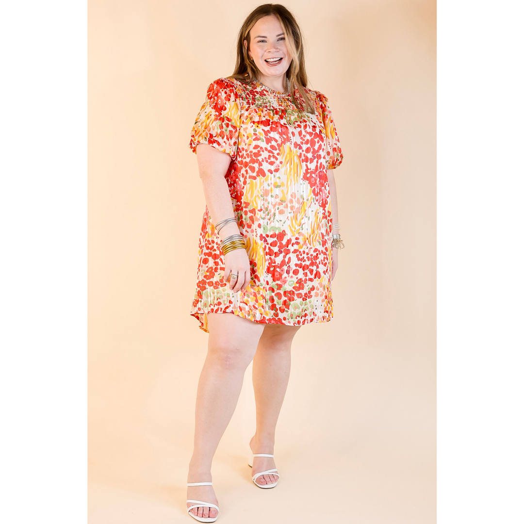 Simply Radiant Mix Floral Print Dress with Short Sleeves in Red and Yellow Mix