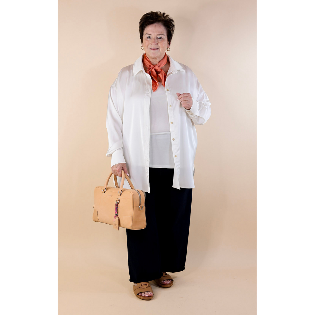 Tell Me Something Good Long Sleeve Button Up Top in Off White