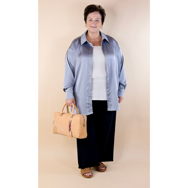 Tell Me Something Good Long Sleeve Button Up Top in Dusty Blue