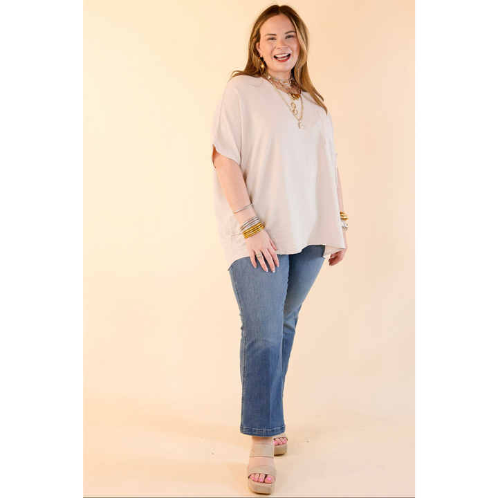 Try To Resist Short Sleeve V Neck Top with Front Pocket in Beige