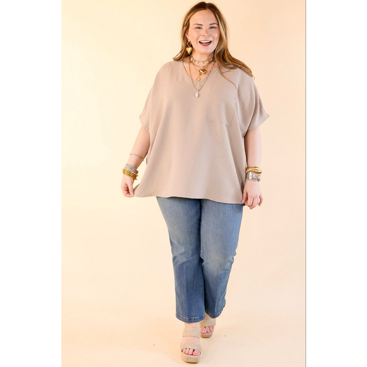 Try To Resist Short Sleeve V Neck Top with Front Pocket in Light Mocha Brown