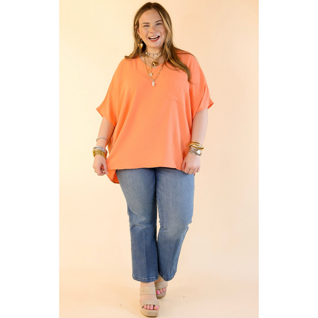 Try To Resist Short Sleeve V Neck Top with Front Pocket in Coral