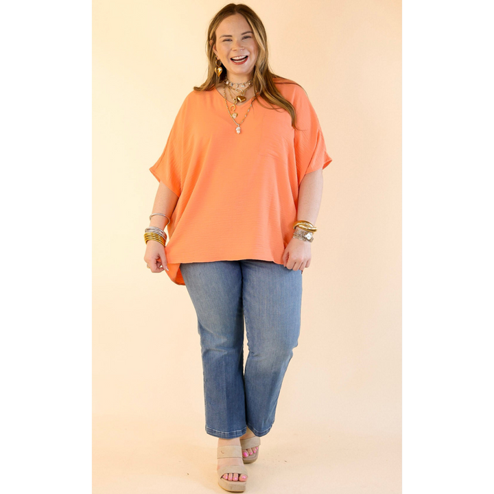 Try To Resist Short Sleeve V Neck Top with Front Pocket in Coral