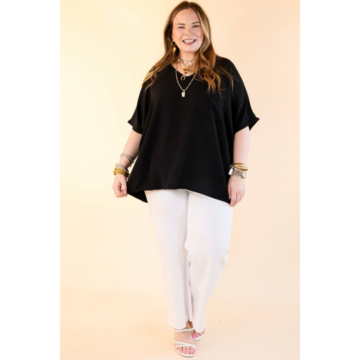 Try To Resist Short Sleeve V Neck Top with Front Pocket in Black
