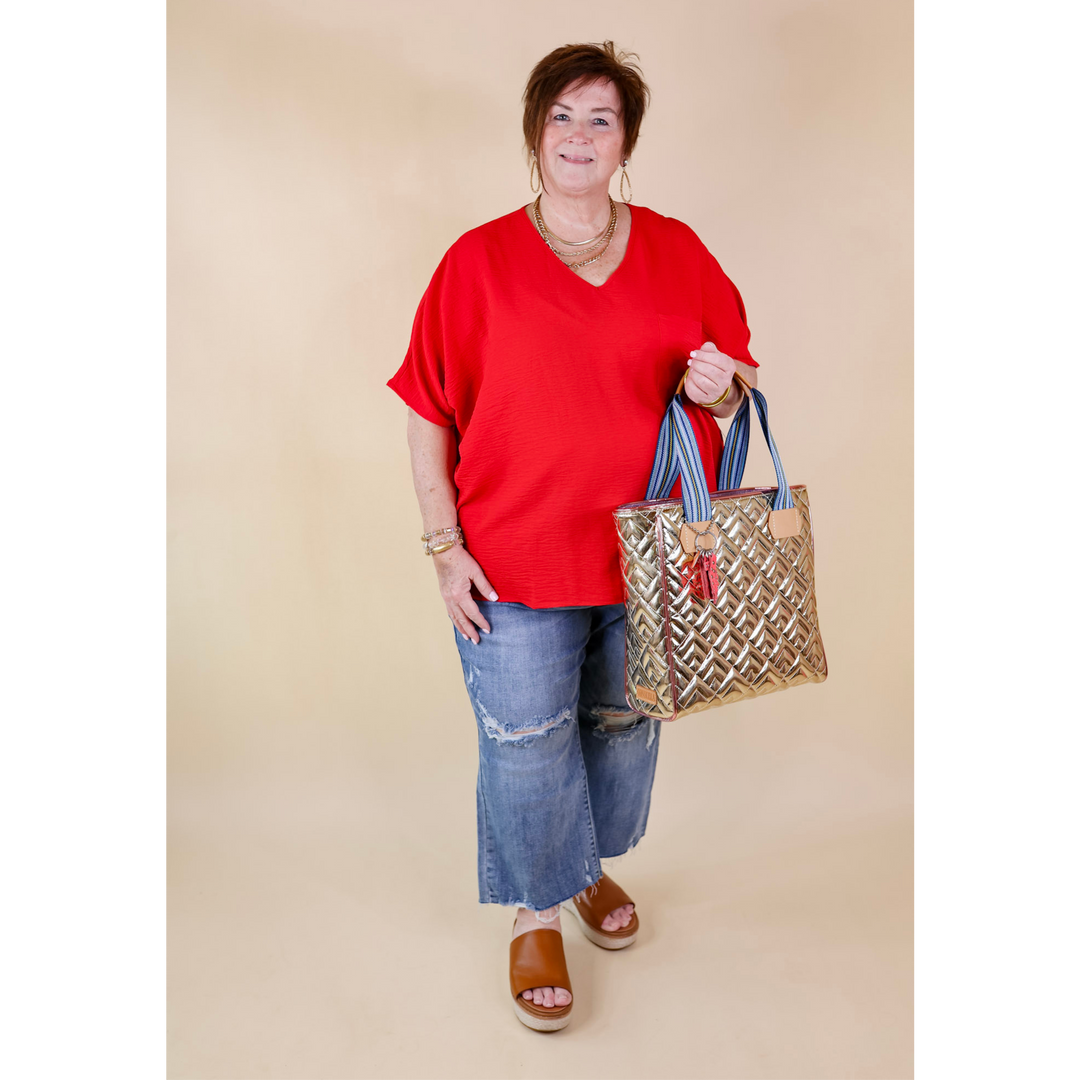 Plus Sizes | Try To Resist Short Sleeve V Neck Top with Front Pocket in Red