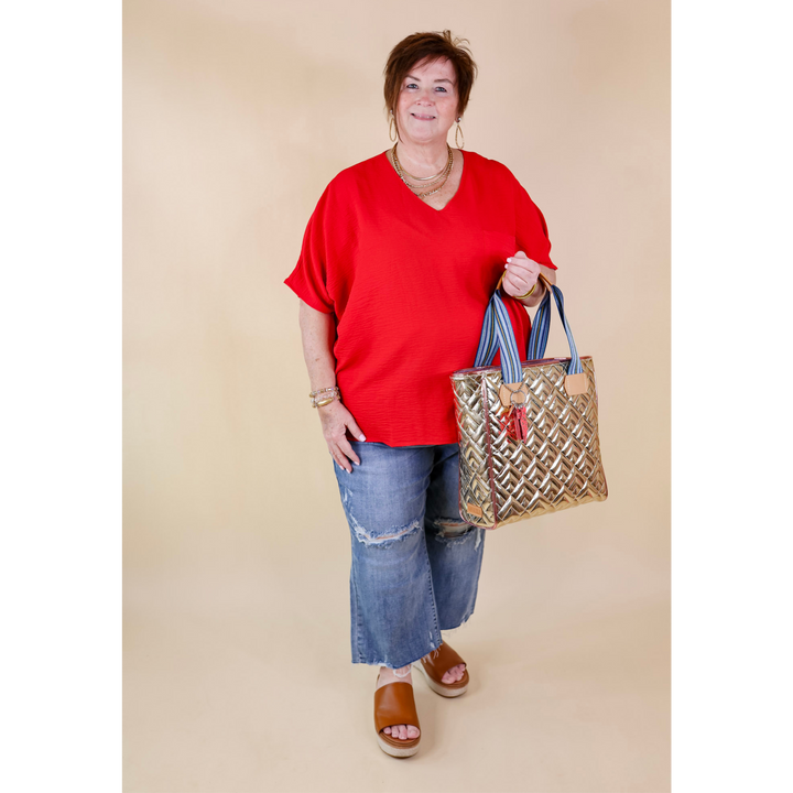 Plus Sizes | Try To Resist Short Sleeve V Neck Top with Front Pocket in Red